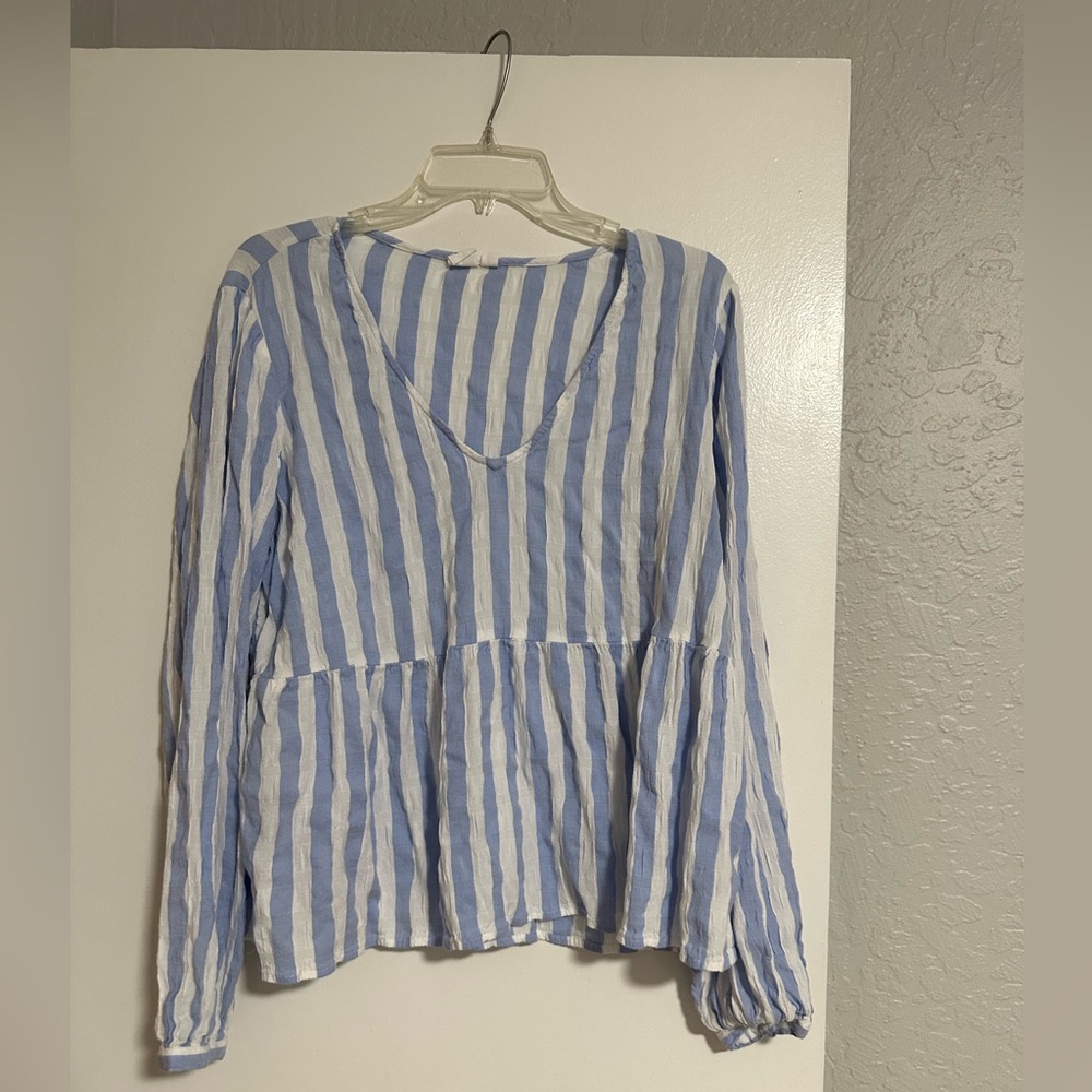 Gap, long sleeve blue and white striped peplum blouse, size M